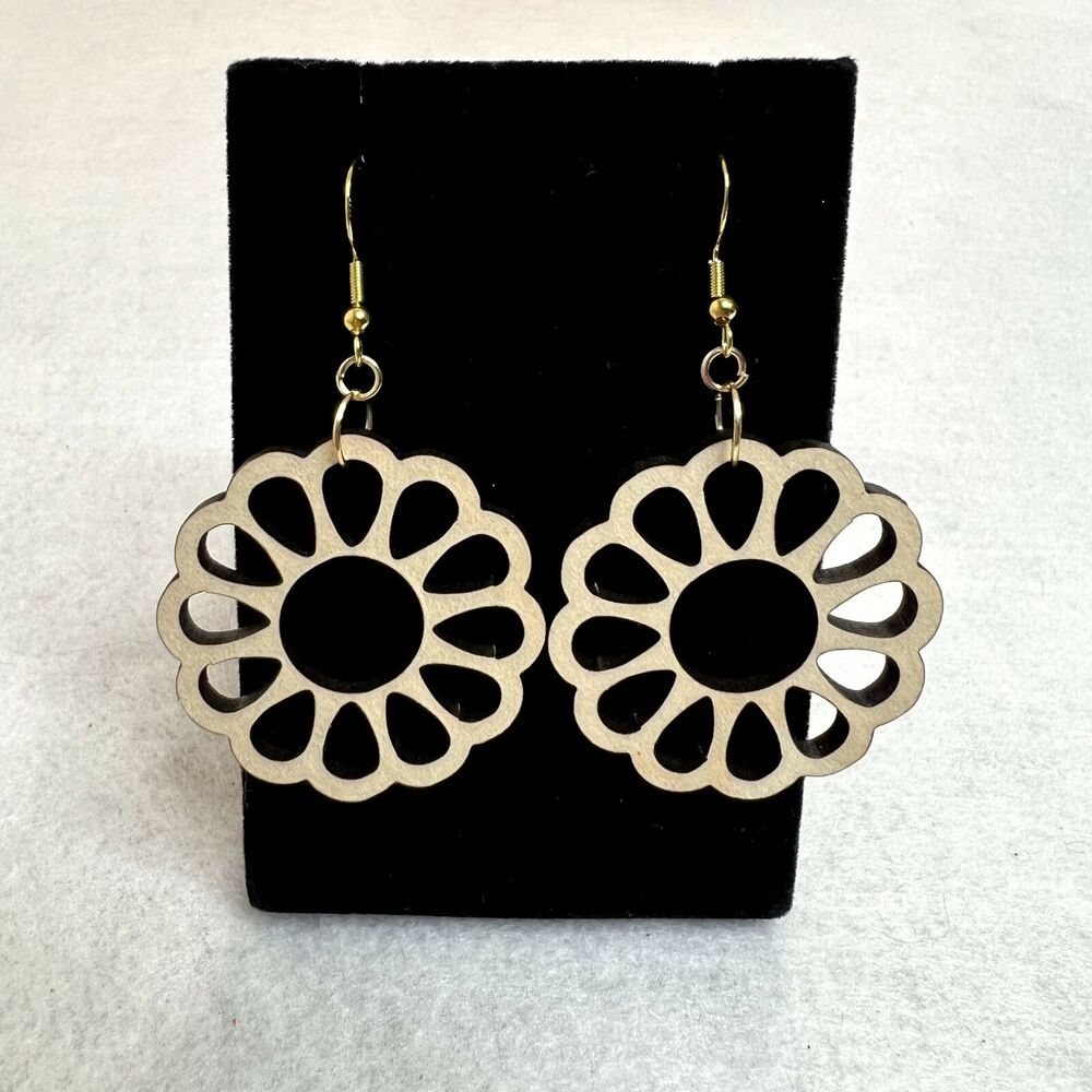 Wooden Flower Cutout Dangle Earrings - Picture 2 of 3
